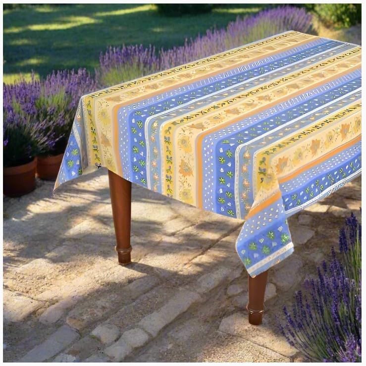 Le Cluny, Monaco Blue, French Provence 100 Percent Coated Cotton Tablecloth, 60 Inch x 60 Inch Square