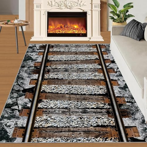 Tapete decorativo con diseño de vías de tren 5x8 ft miniatura 3