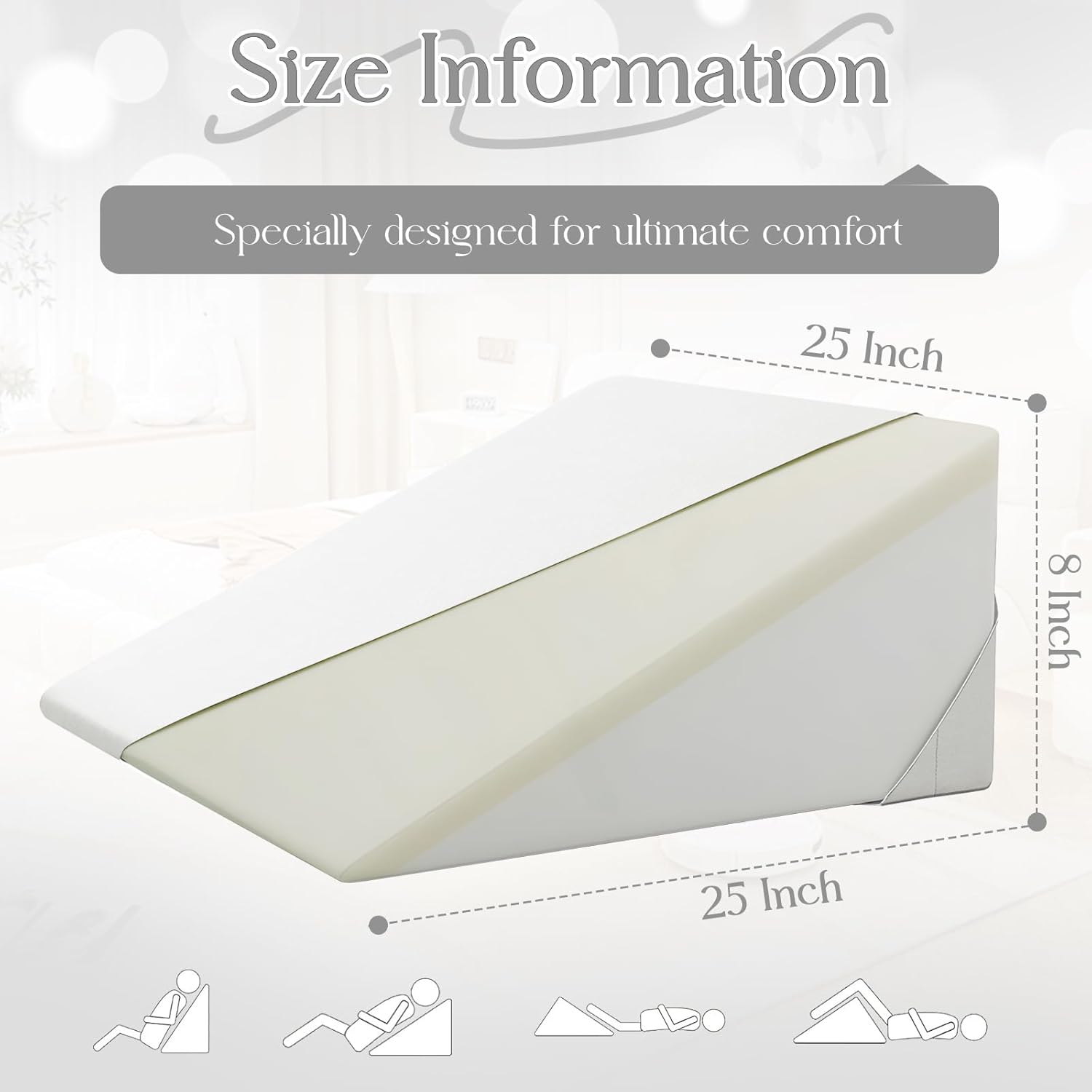 Cotton Wedge Pillow Cover for 24" x 24" x 7.5" Wedge Bed Pillow, Zippered Wedge Pillow Case Protector with Side Pocket, White (Pillow Not Included)