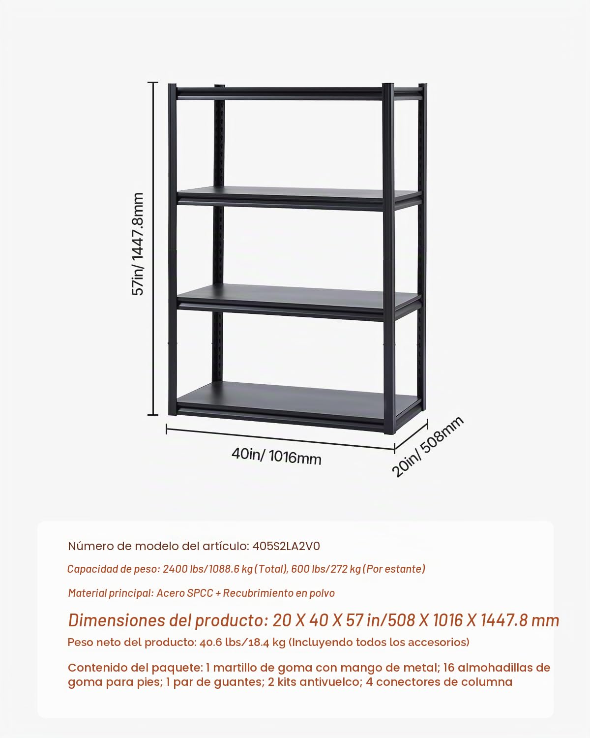 VEVOR Estantes de Almacenamiento de 4 Niveles de 508 x 1016 x 1447,8 mm Capacidad de Carga Total de 1088,6 kg, Estantes de Metal Ajustables para Garaje, Cocina, Almacén, Sótano, Trastero, Negro