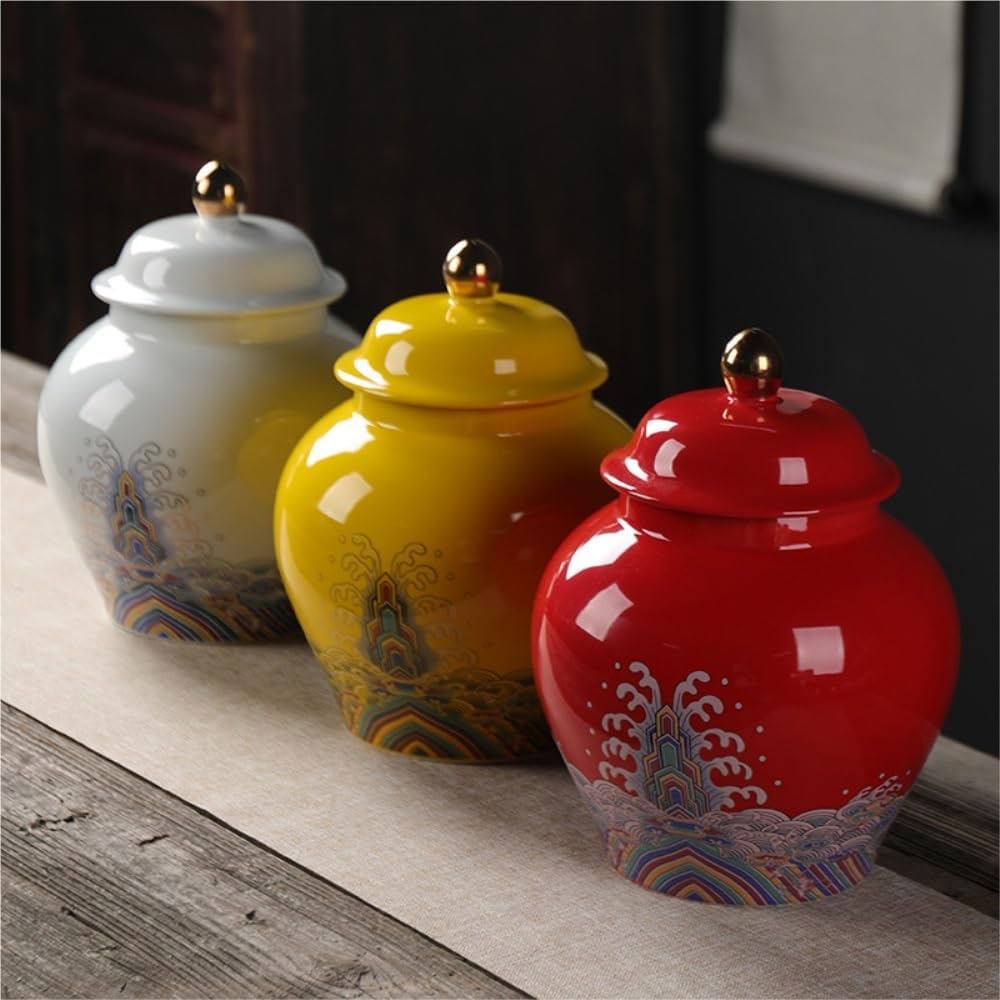 SONGCHAO Sugar Jar Enamel Color Loose Tea Storage Container Jar Ceramic Sealed Kitchen with Lid Chinese Set Single Tea Canister(A)