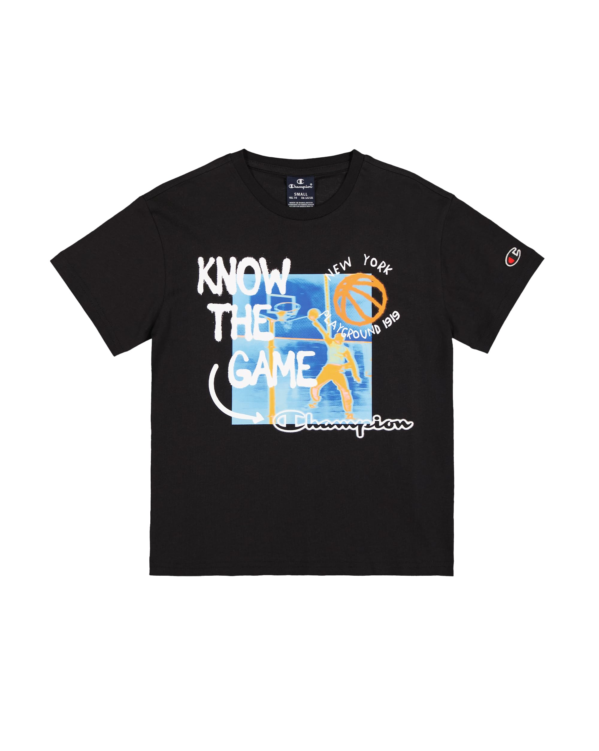 Champion Legacy Play With Graphics B (306911) – SS Crewneck T-Shirt, Nero (NBK), 7-8 Jahre (S) Bambino FW24