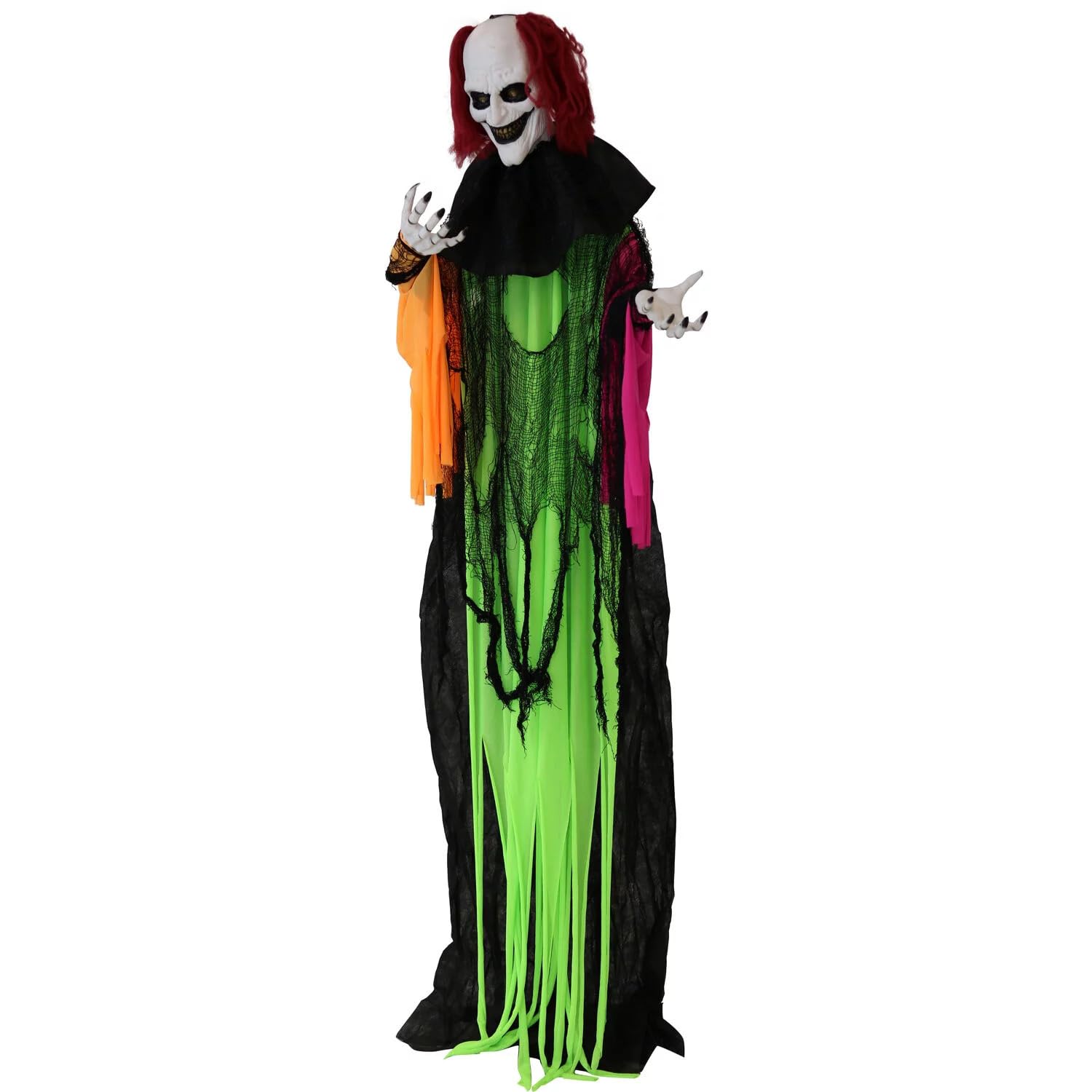 5.8 ft. Animatronic Clown, Indoor/Covered Outdoor Halloween Decoration, Red LED Eyes, Poseable, Spike