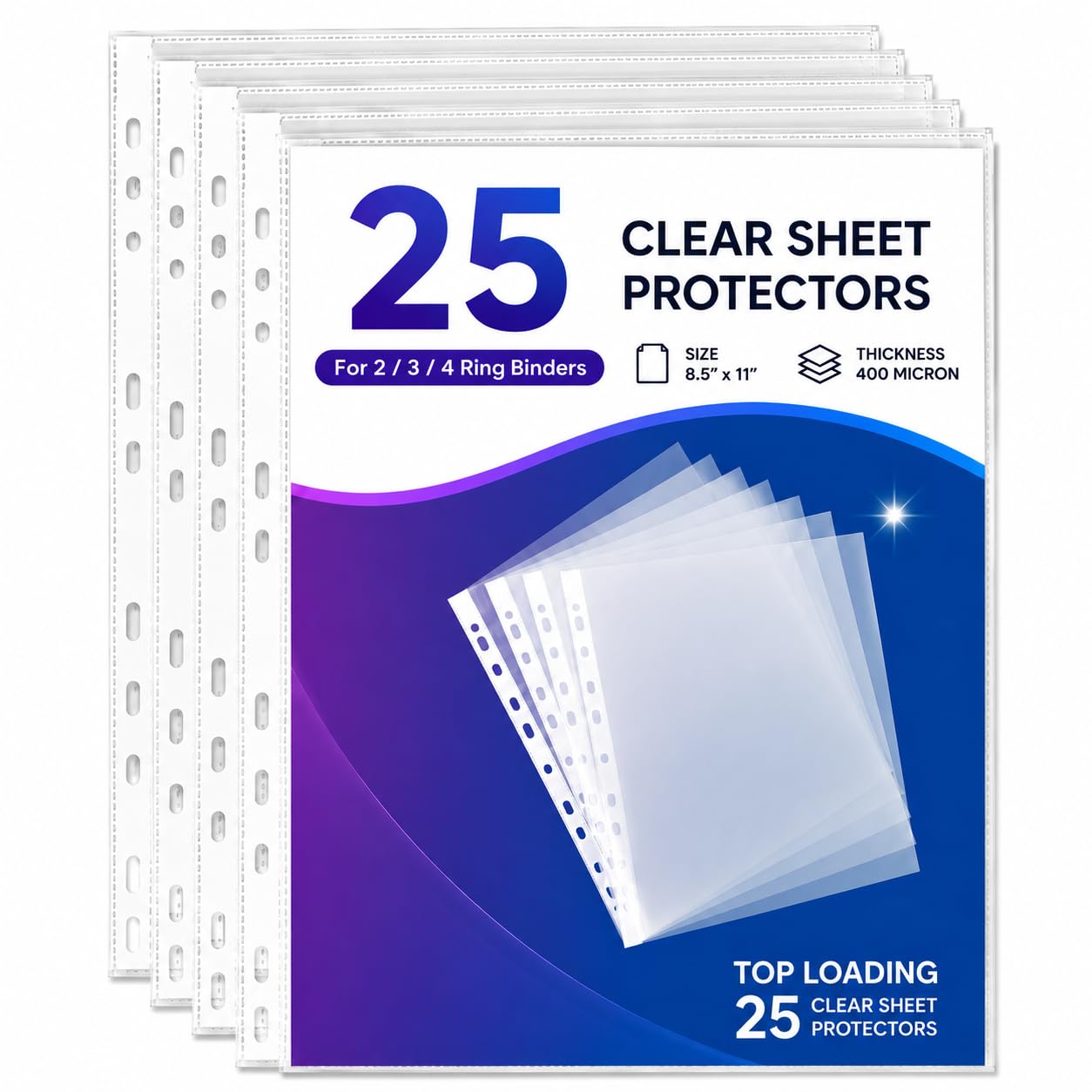 LINE&LEAF 400 Micron Heavy Duty Sheet Protectors | Transparent A4 Document Sleeves | Clear Plastic File Covers | Punched Folder Protectors for Office, School, Project Files (Pack of 25)