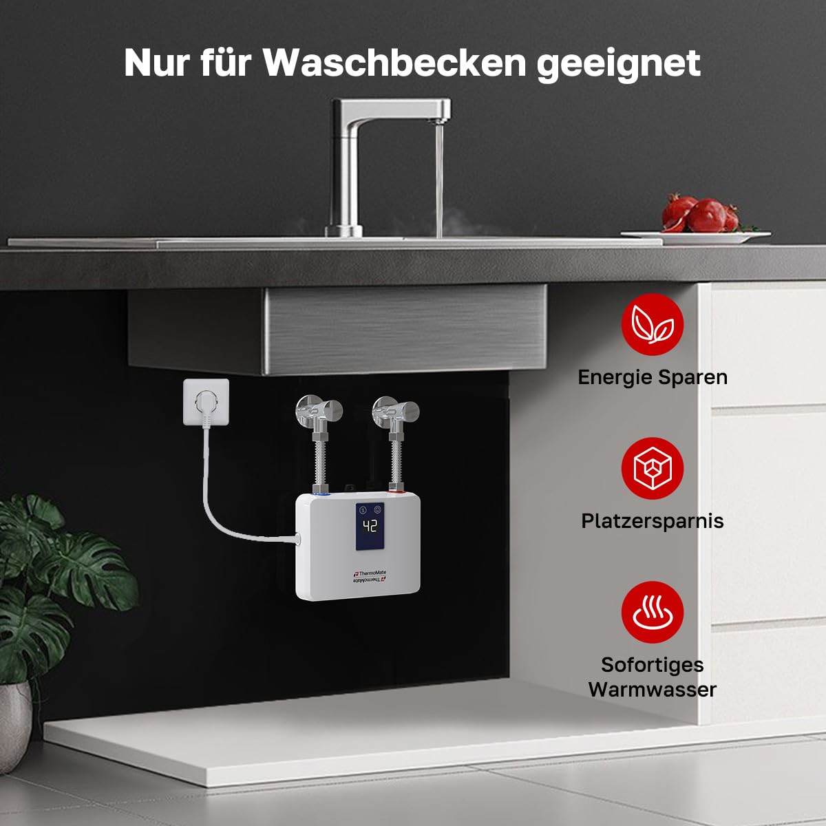 ThermoMate Mini Durchlauferhitzer 3,5kW für Handwaschbecken,elektrisch Klein Warmwasserbereiter für Küche und Badezimmer, Druckfest, Platzsparend mit Stecker, 230V