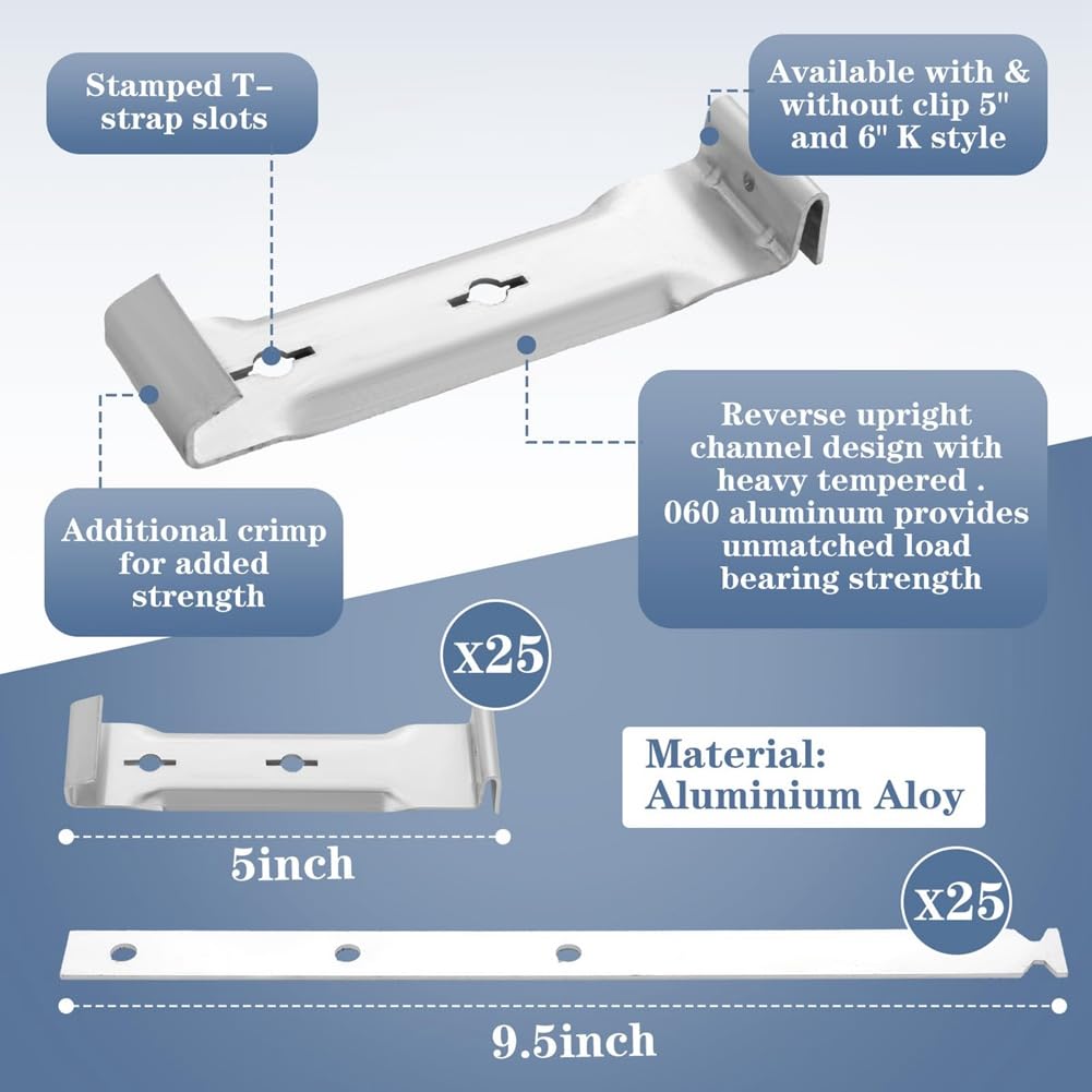 25 Juegos de Soportes de Aluminio para Canaletas de 5 Pulgadas con Correas para Fijar Sin Alero, Ideales para Canaletas de Aluminio y Acero.