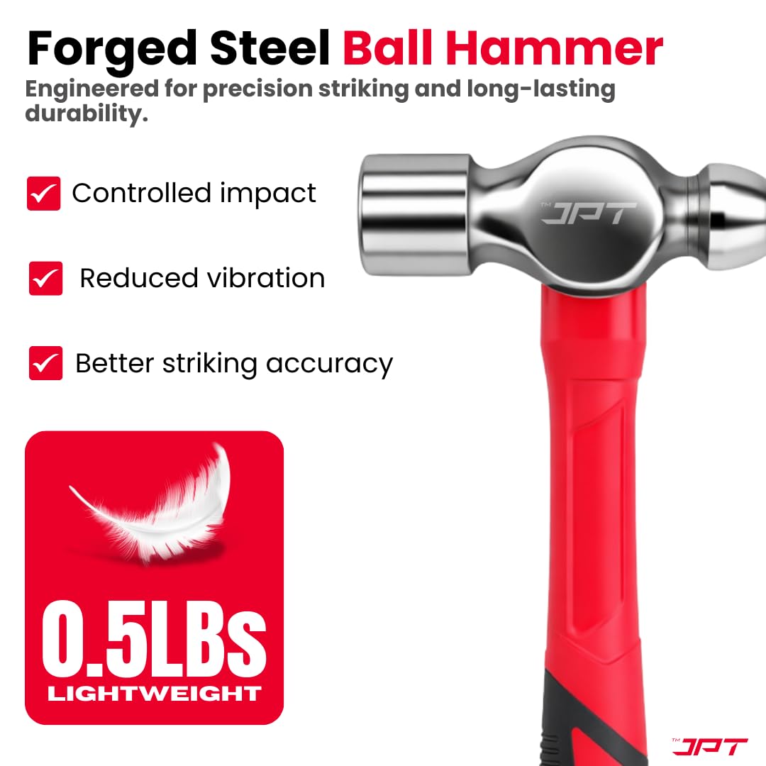 JPT 0.5 lb Ball Peen Hammer (Ball Pein) | Forged Steel Head with Fiberglass Handle | Precision Metal Work & Mechanic Tool