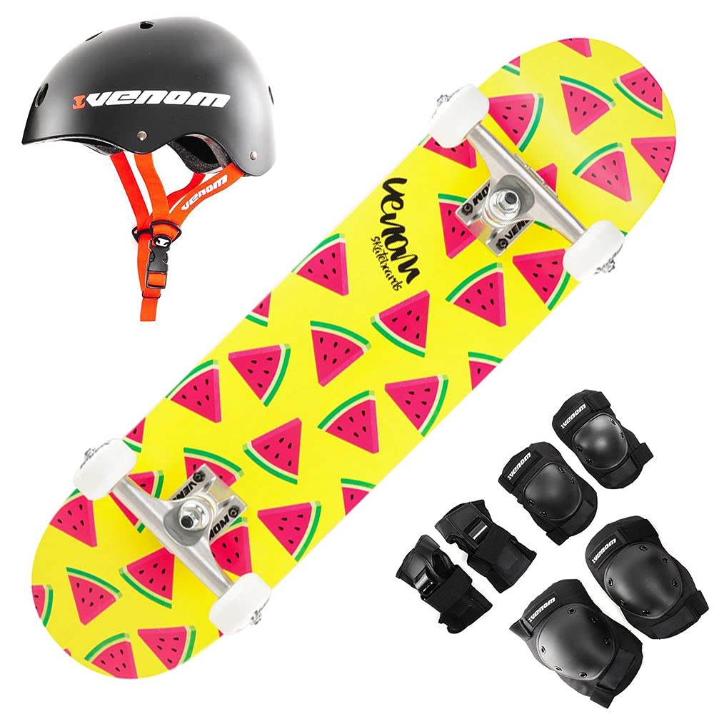 Venom Skateboards for Kids with Skate Helmet and Pads Pack - Skateboard Accessories - Skateboard kids Boys Skateboard Girls Junior Melons - 7.25" Inc Junior Pads & Small Helmet Set