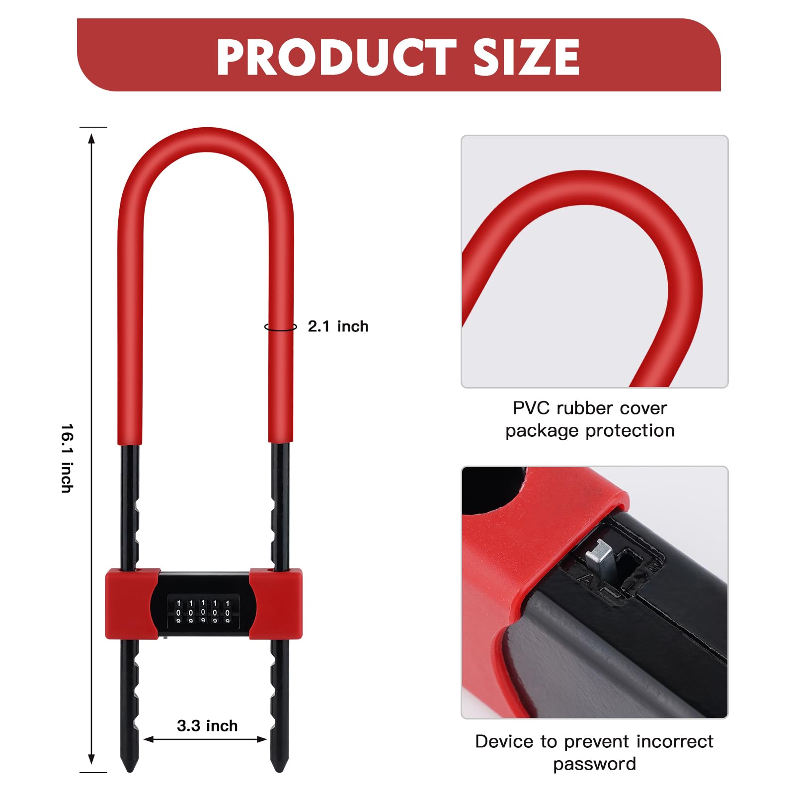 U-Lock Zamek szyfrowy z długim uchwytem z pięciocyfrowym kodem, zapięcie na rower, rower elektryczny, MTB, szklane drzwi (U4)