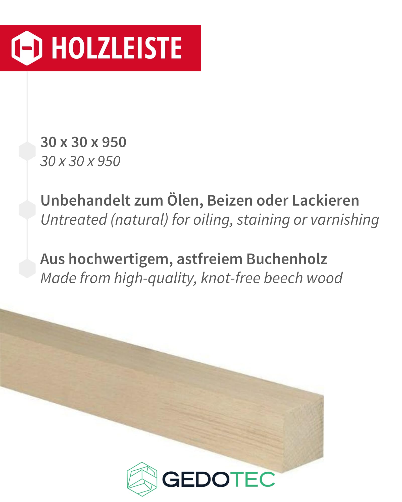 Gedotec Listwy drewniane do majsterkowania i budowania z drewna bukowego, 95 cm, 10 sztuk 30 x 30 x 950 mm, podstawowe, kantówki do majsterkowania i budowy mebli – listwy z drewna bukowego