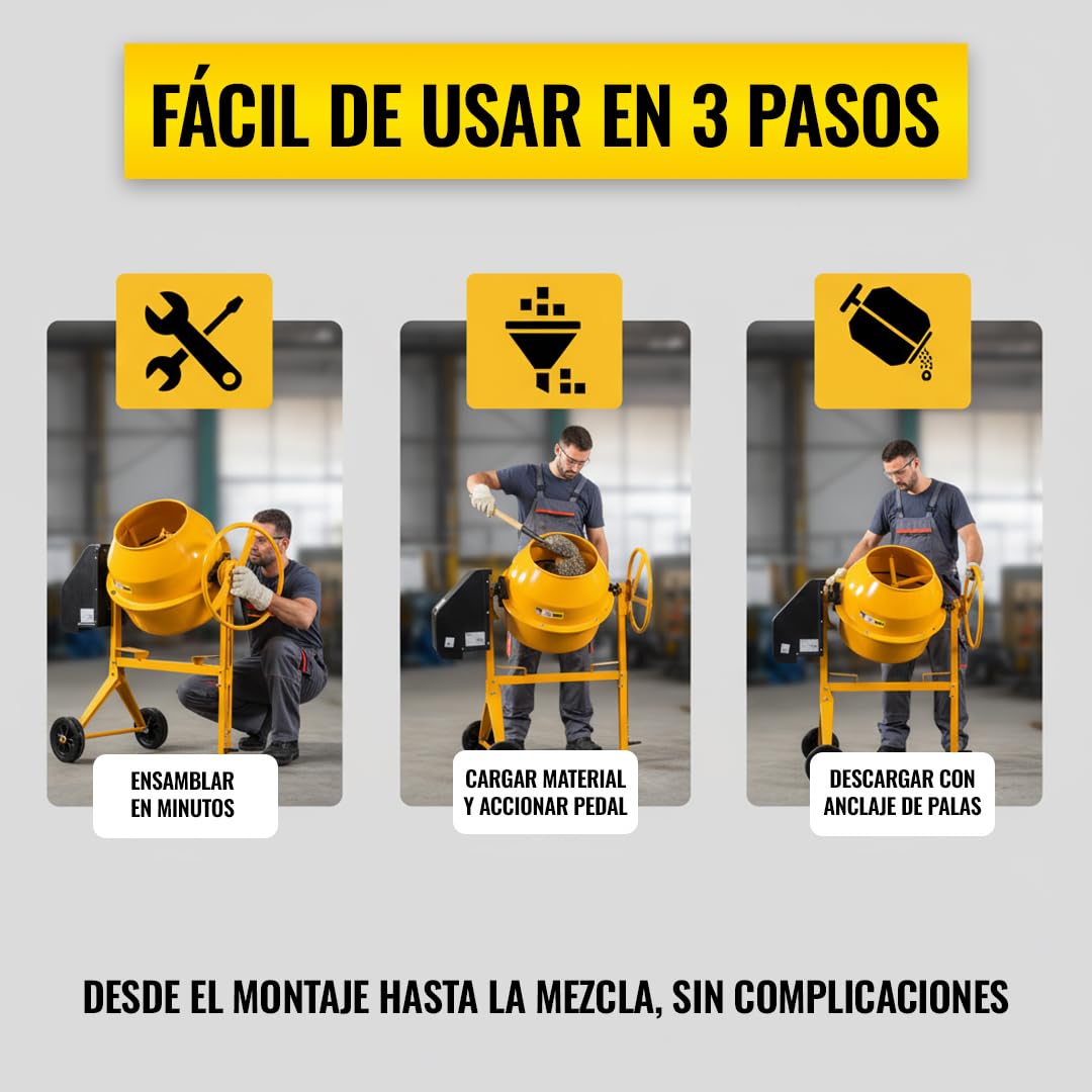 Kompak Hormigonera Eléctrica 125 Litros Profesional para Obras y Reformas - Hormigonera Compacta Fácil de Montar para Mezclar Cemento y Mortero - Mezcladora Robusta Alta Durabilidad