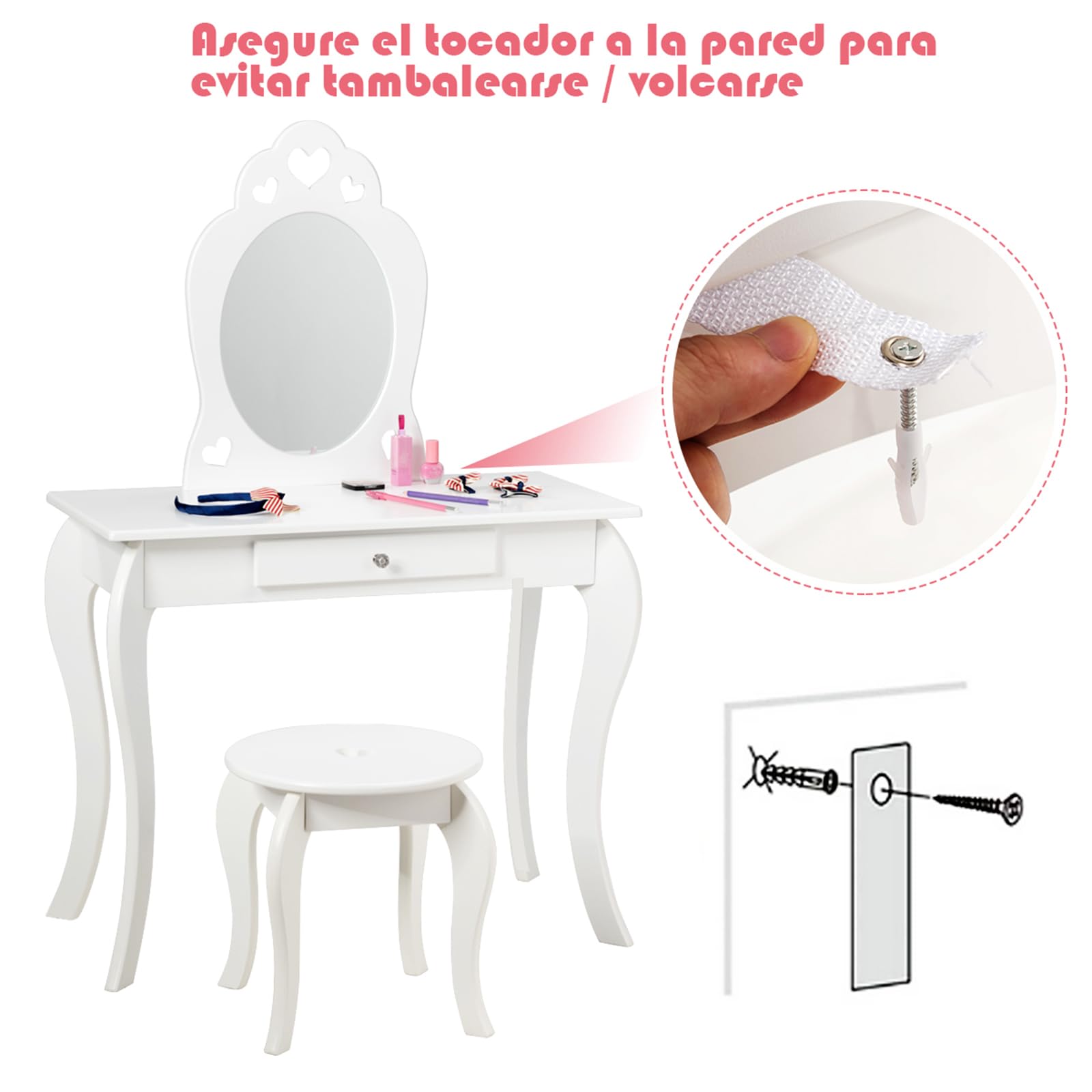 COSTWAY Tocador con Taburete y Espejo para Niña de Madera 70x57x105 centímetros Mesa de Maquillaje con Cajón (Blanco)