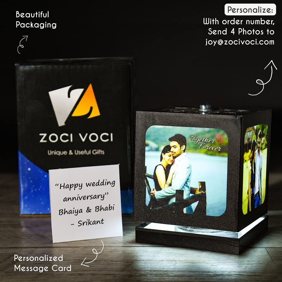 ZOCI VOCI Acrylic Anniversary Gift For Wife-Nostalgia Flora-Rotating LED Photo Lamp With 4 Photos|Customized Gift For Couple Special|Personalized Gift For Husband,Custom Photo Gifts (Black-Medium) 6