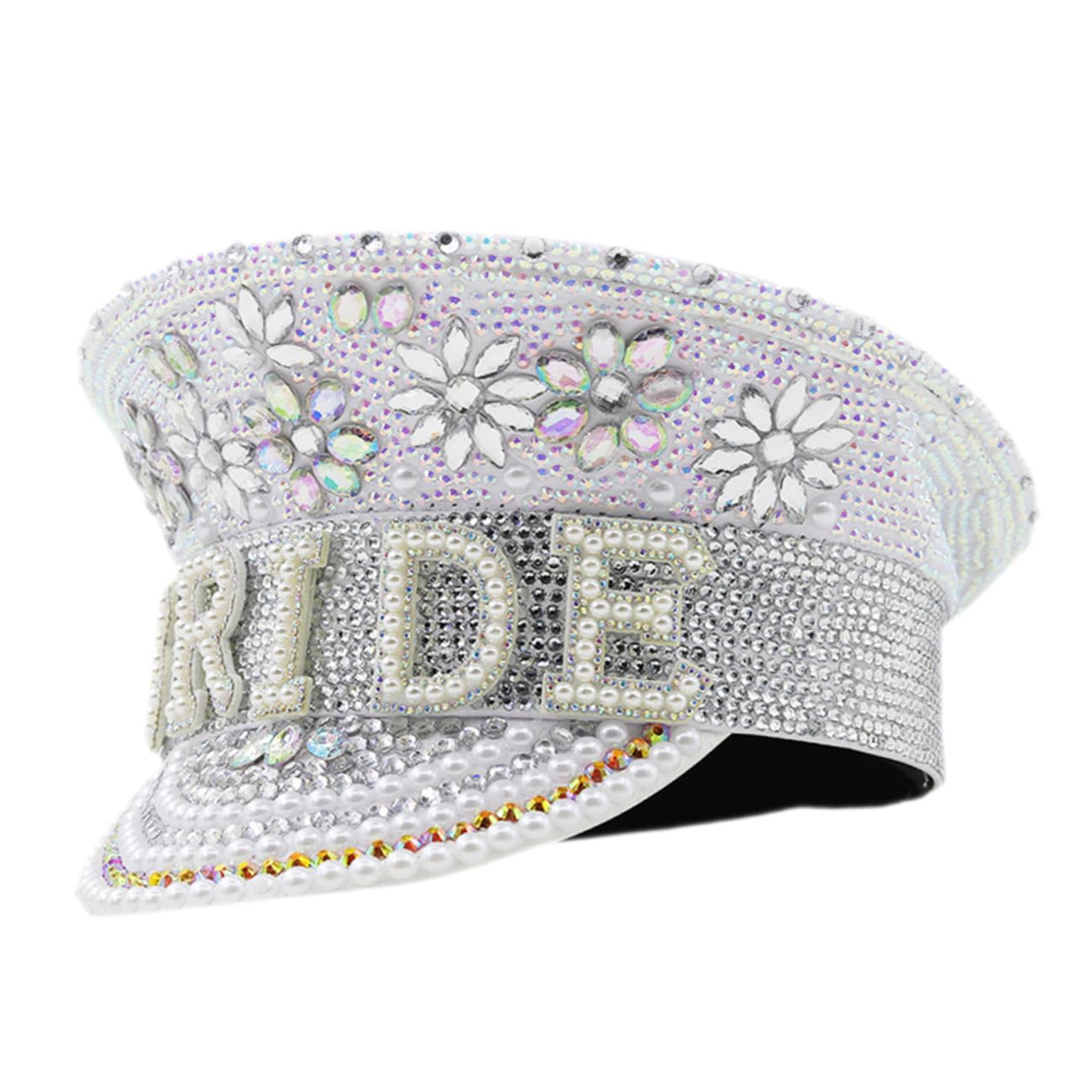 SEWACC Sombrero de Novia Color Claro con Gemas de Imitación, Talla Única Ajustable, Sombrero de Fiesta para Despedida de Soltera y Boda, Accesorio Ligero y Brillante para Fotografía