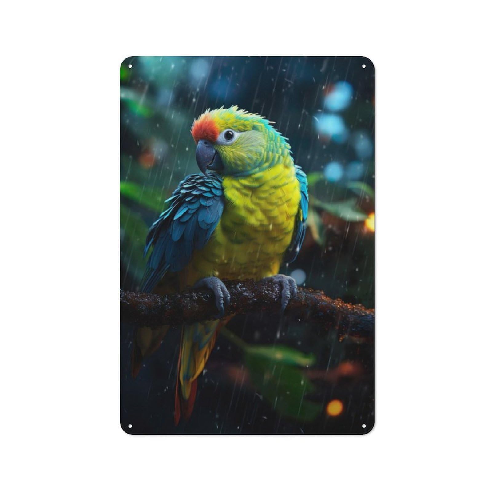 Loft Style Metal Wall Sign 30x20cm Featuring Epic Rainy Parakeet, Studio Wall Art for Loft, Studio, Office Or Creative Room
