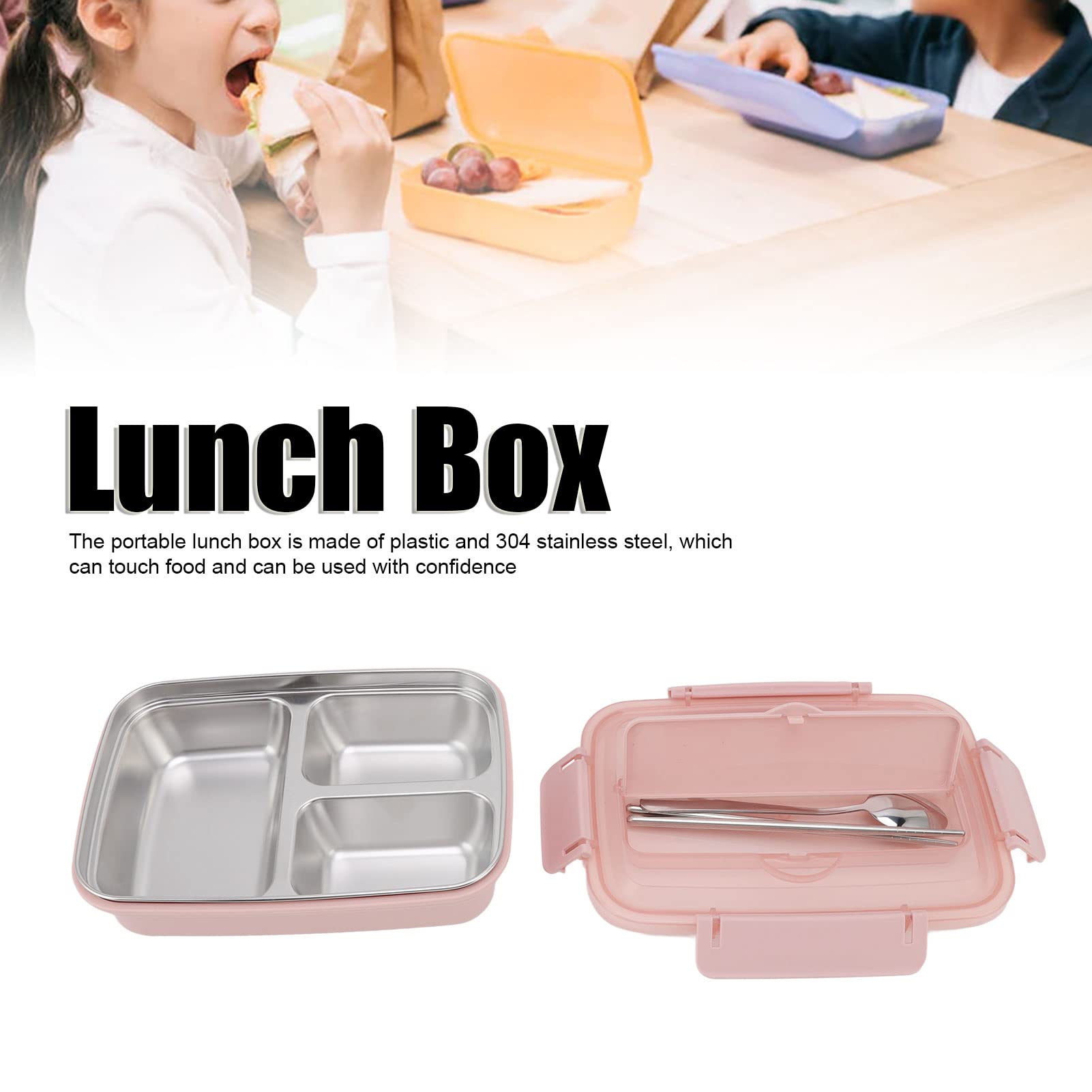 Boîte à lunch Boîte à lunch portable en acier inoxydable 304 à 3 compartiments(Pink)