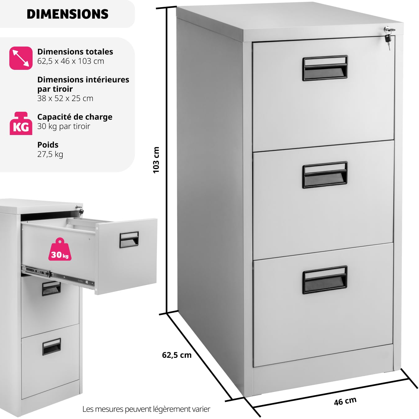 tectake® Armoire de Rangement Meuble tiroir Metallique 3 Tiroirs pour Rangement Dossier, Caisson Bureau pour Dossiers Suspendus au Format DIN 4, Porte Document Bureau 62,4 x 46 x 102,8 cm - Gris