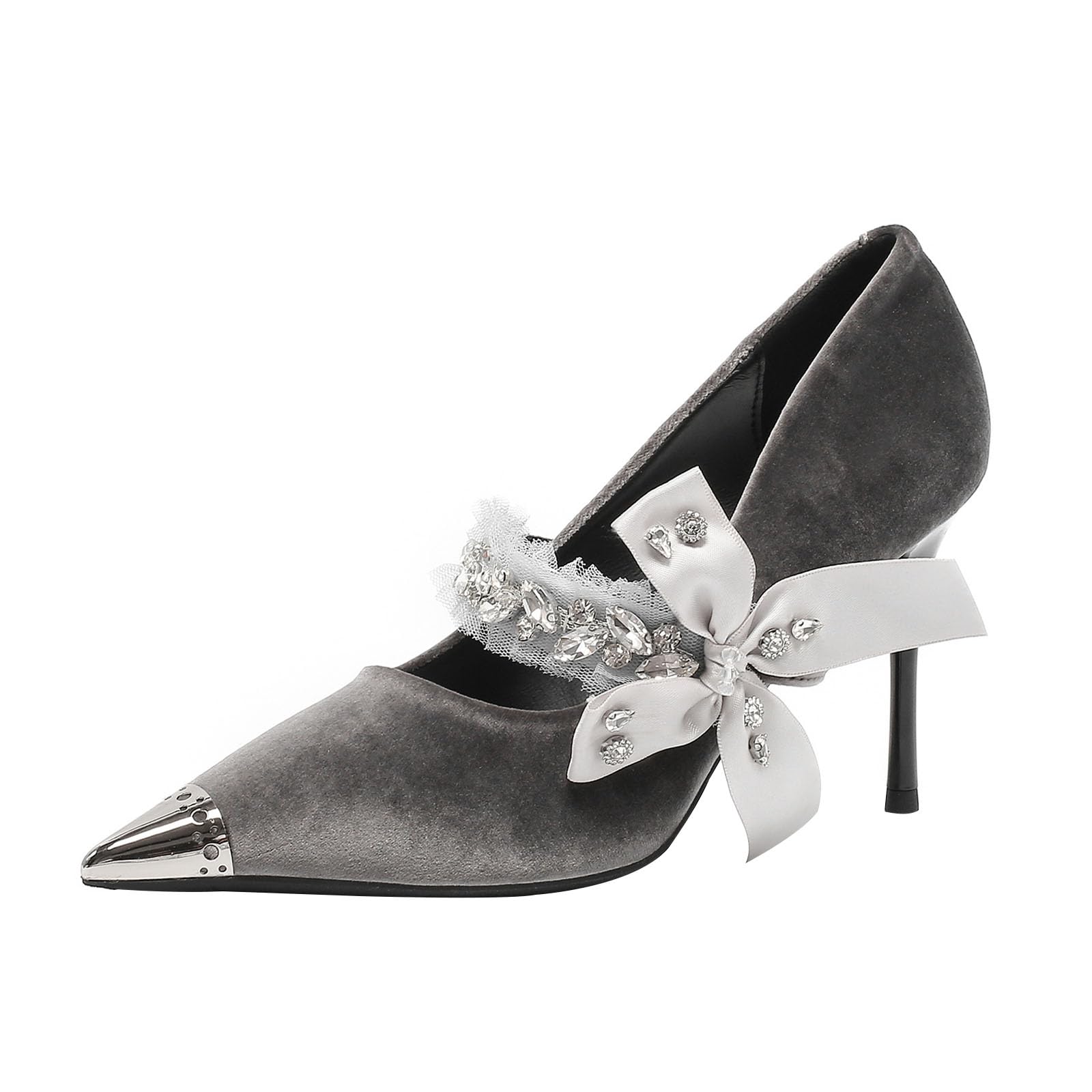 Mujer Zapatos de Tacón Lazo Rente Strass Terciopelo 9CM Sexy Stilettos Gris