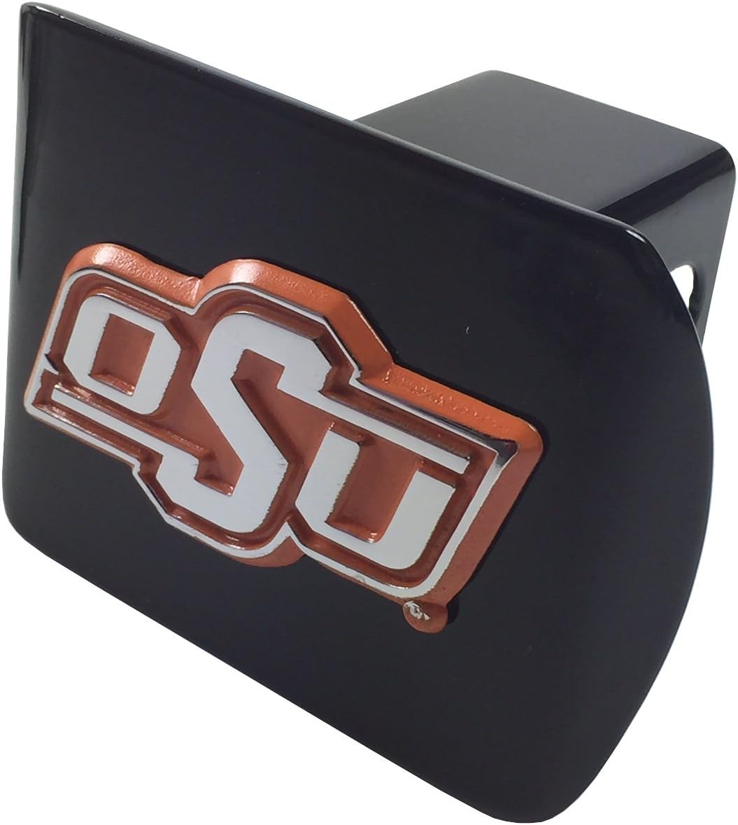 Oklahoma State METAL emblem (chrome with orange trim) on black METAL Hitch Cover