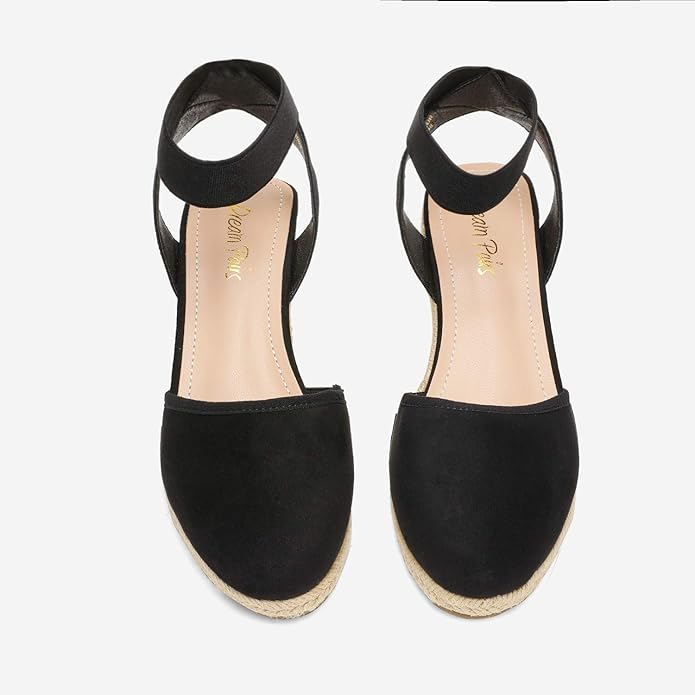 DREAM PAIRS Women's Elastic Ankle Strap Espadrilles Wedge Sandals Elastic ankle strap for a flexible fit