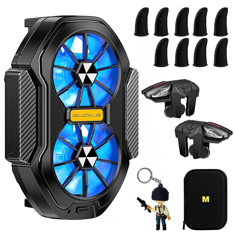 14 in 1 Mobile Phone Dual Cooler with LED Light, Cell Phone Cooling Fan Radiator, 2pcs L2R2 Mobile Game Controller Triggers for PUBG/Fortnite/Call of Duty w/ 9pcs Finger Gloves Sleeves