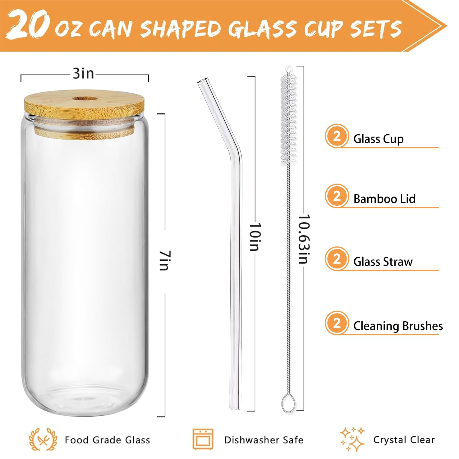Vasos de vidrio de 20 onzas con tapas y pajitas, 2 unidades, tazas de café helado de vidrio, vaso de vidrio de 20 onzas con tapa de bambú y popote para batidos, cerveza de cóctel, whisky, 7