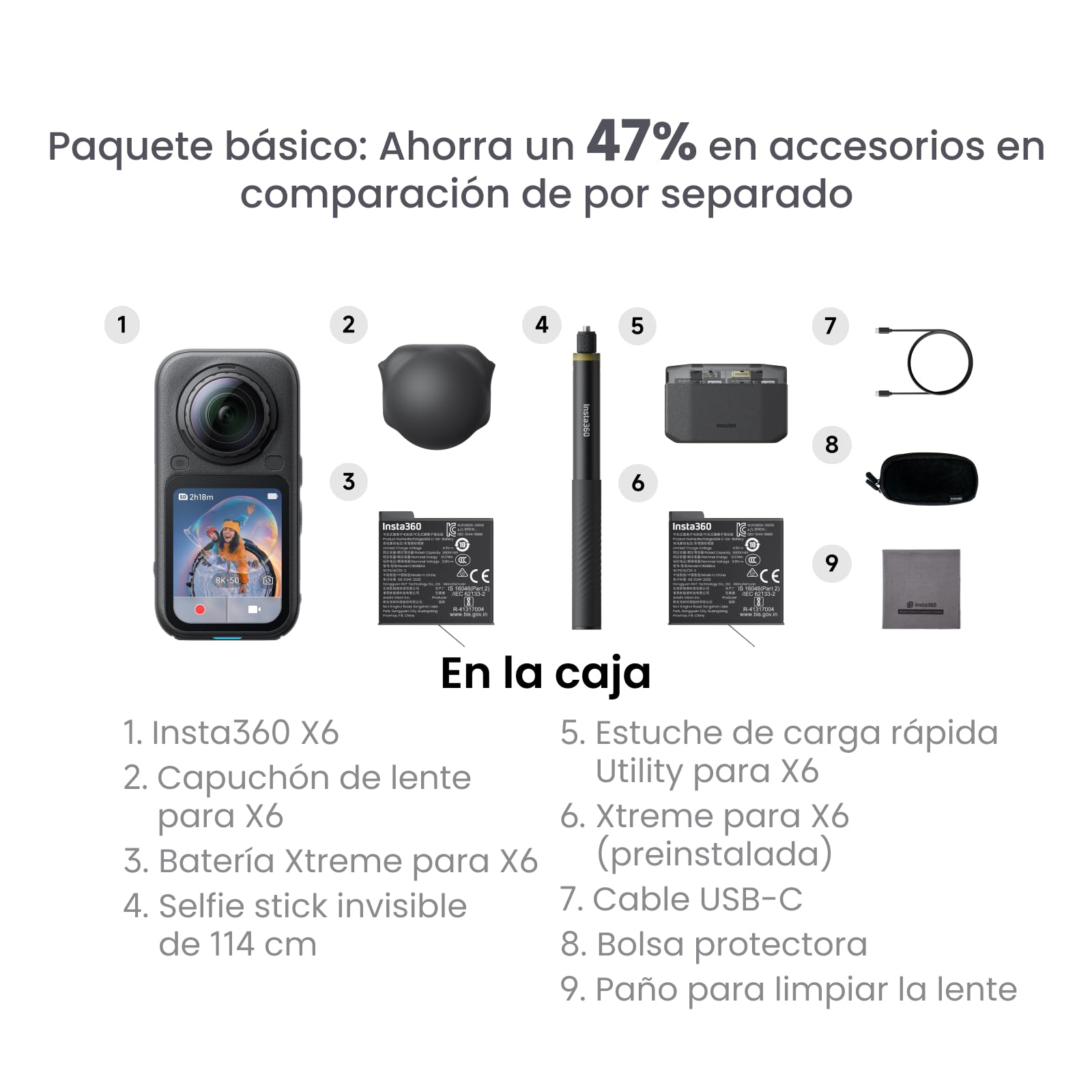Insta360 X6 Paquete básico - cámara 360 8K con sensores 1/1,1''