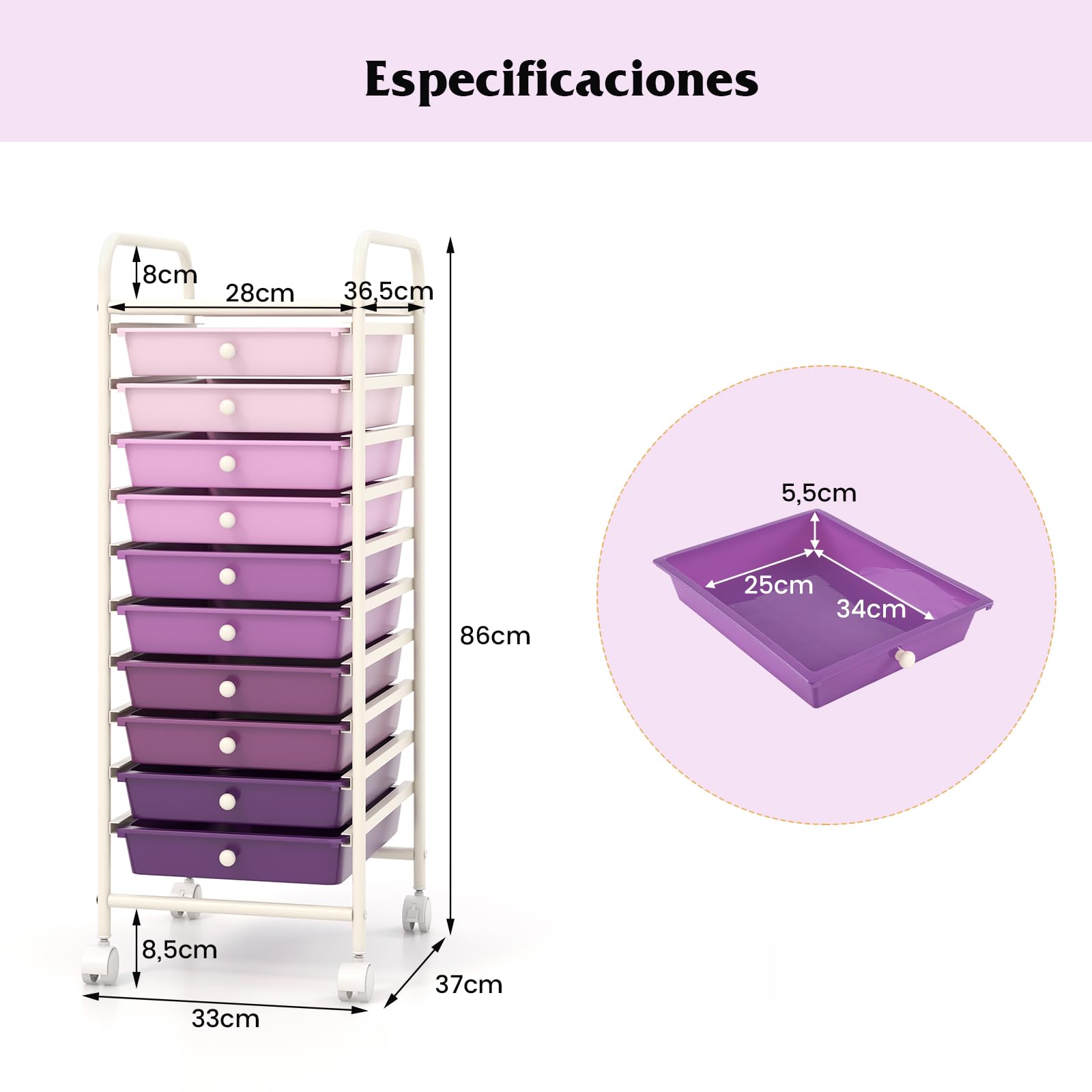 GOPLUS Carrito Auxiliar con 4 Ruedas, Carro de Servicios con 10 Cajones, 2 Ruedas con Frenos, Carro de Almacenamiento de Estructura Metálica para Cocina Oficina Baño (Violeta)