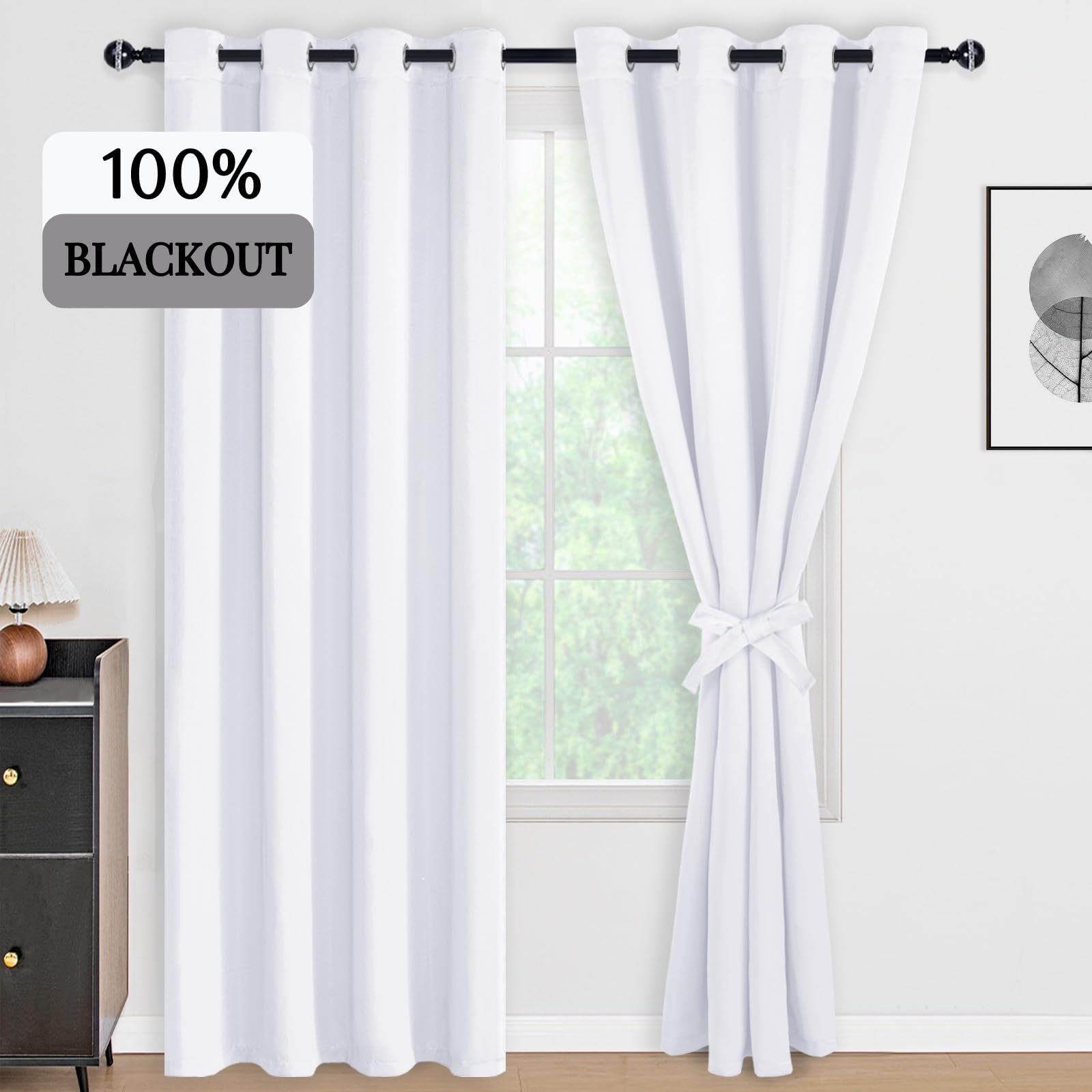 DWCN 100% White Blackout Curtains for Bedroom w/Black Liner, Double Layer Thermal Insulated Room Darkening Full Shading Window Curtain Drapes with Tiebacks for Nursery Room, W52 x L95 (2 Panels)color light grey