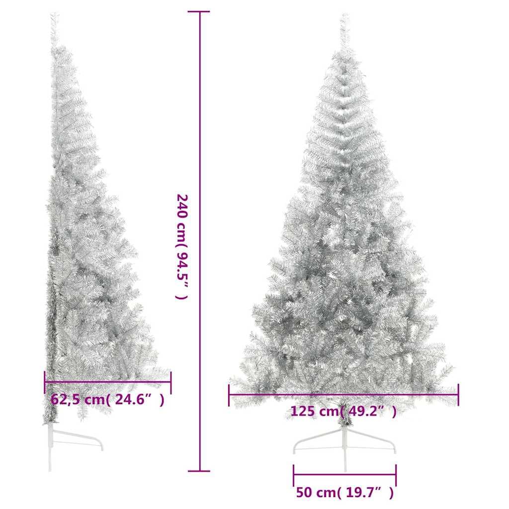 Árbol de Navidad artificial plateado con soporte, 240 cm, semicircular, 1050 ramas de PET, soporte estable de acero para salón, pasillo, balcón, terraza, Adviento, decoración navideña
