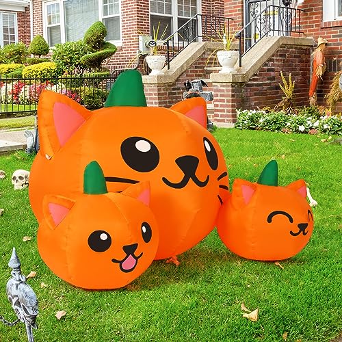 COMIN Halloween Inflatable 5FT Long Three Pumpkin Cat Head Combo with Built-in LEDs, Blow Up Yard Decoration for Holiday Party Indoor, Outdoor, Yard, Garden, Lawn3