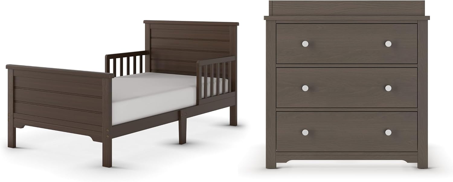 Child Craft Woodland Toddler Bed and Dresser Bedroom Furniture Set, Includes Toddler Bed and Harmony Dresser, Low to Ground Bed Design (Brushed Cotton)