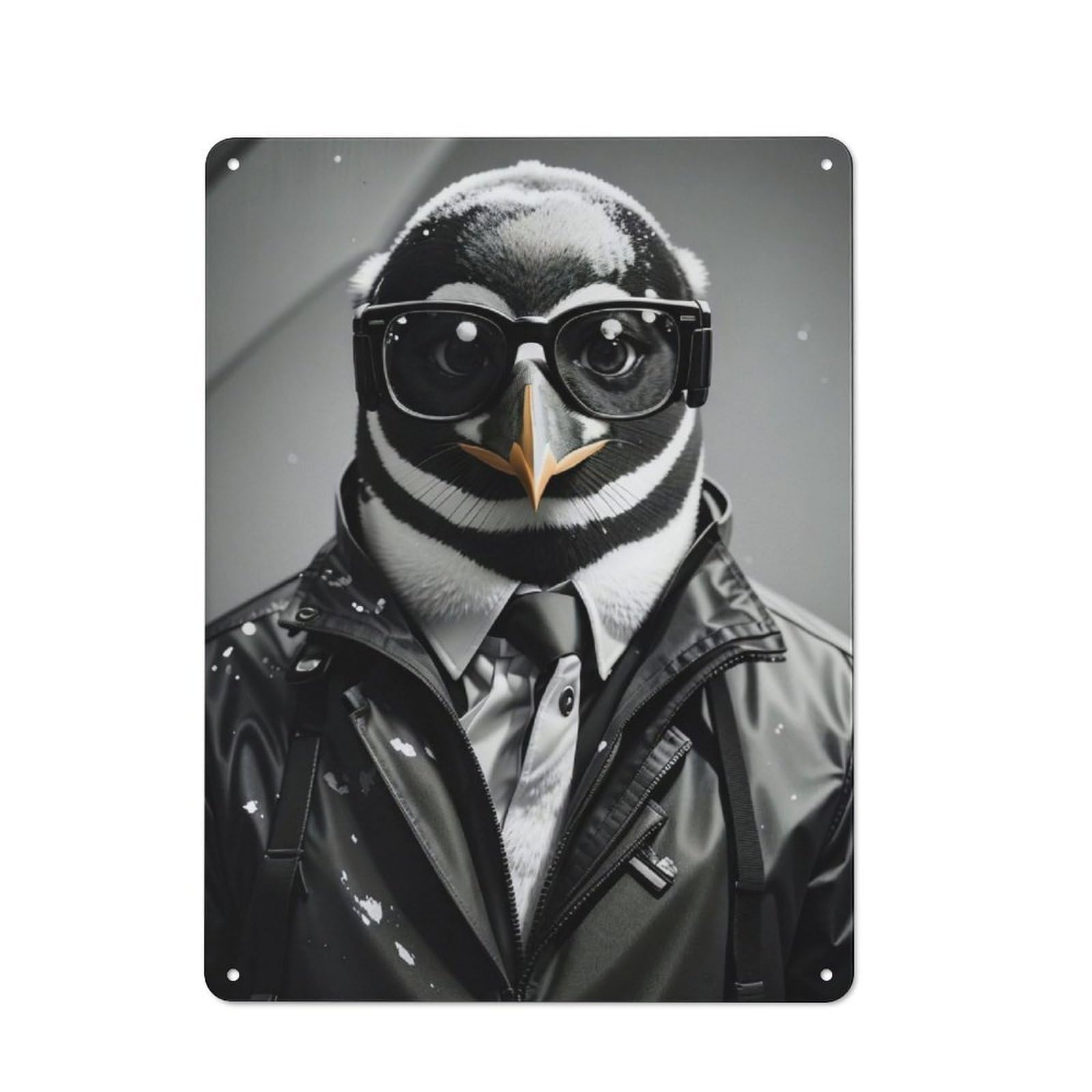Junmoney Detective Penguin Bnw Industrial Decorative Metal Plaque 40X30cm, Studio Wall Art For Flat, Bar, Studio Or Gallery Wall
