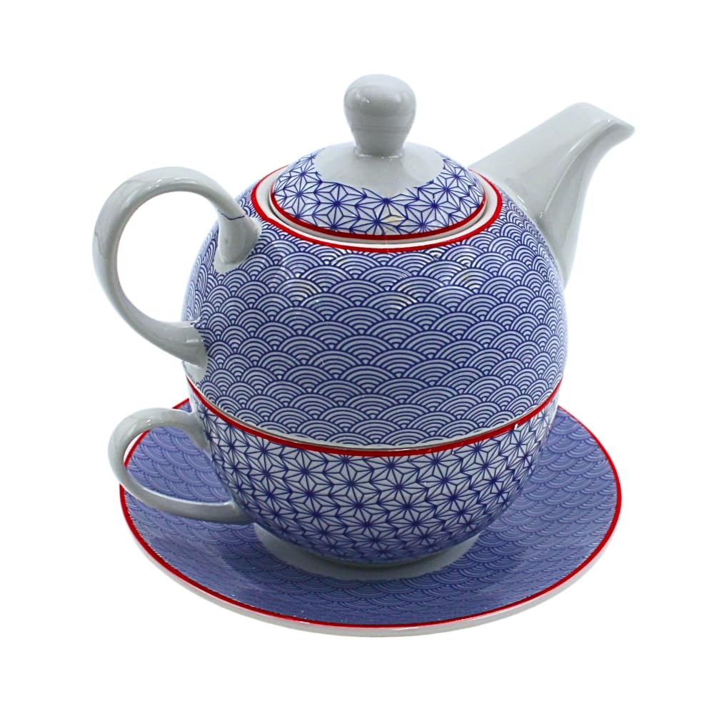 Dekohelden24 Teiera in porcellana, set Tea for one, caraffa da servizio per il tè, teiera, servizio da tè, tazza da tè con teiera, set di teiere retrò con tazza da tè in porcellana in blu, L/L/A 15 x