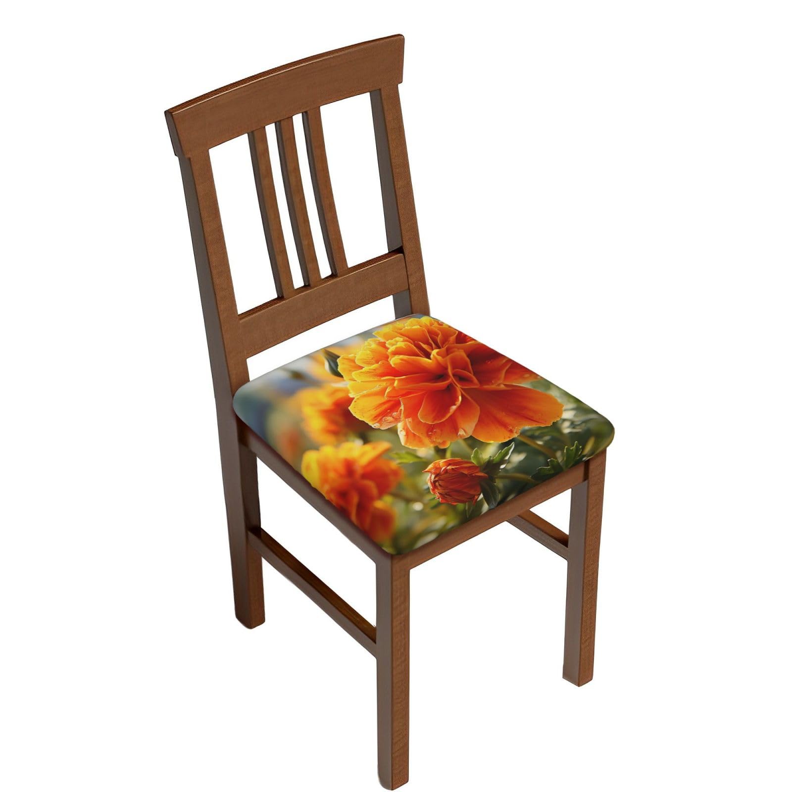 Fodpand Four Pieces Marigold Flower Autumn Flowers Square Stool Covers Stretch Removable Square Bar Stool Seat Covers Washable Dustproof Stool Cushion Slipcover Soft Milk Silk Bar Chair Covers With Band