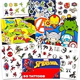 Super Hero Tattoos Party Favors Set - 150 Superhero Temporary Tattoos Featuring Marvel Avengers, Spiderman and Teenage Mutant Ninja Turtles Bundle with Avengers Reward Stickers