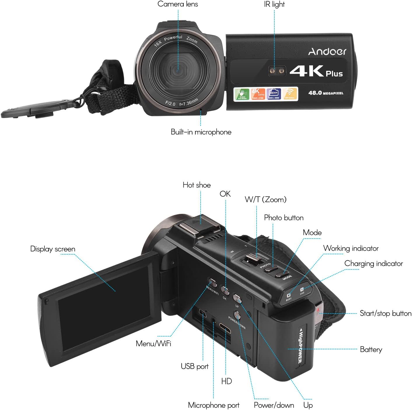 Diagram illustrating the parts of the Andoer 4K Camcorder, including the camera lens, IR light, built-in microphone, hot shoe, OK button, W/T (Zoom) button, Photo button, Mode button, Working indicator, Charging indicator, Start/Stop button, Battery compartment, Power/Down button, Up button, Microphone port, USB port, HD port, and Display screen.