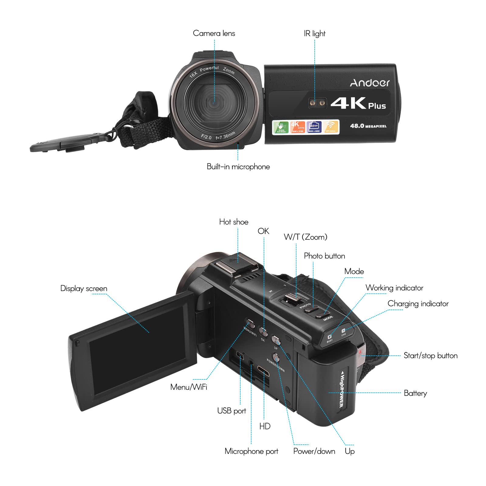 Andoer Videocamera 4K 48MP 60FPS WiFi Camcorder 16X Digital Zoom, 3" IPS Touch Screen IR visione notturna Vlogging Camera con microfono, telecomando, 2 batterie, obiettivo fotocamera, maniglia