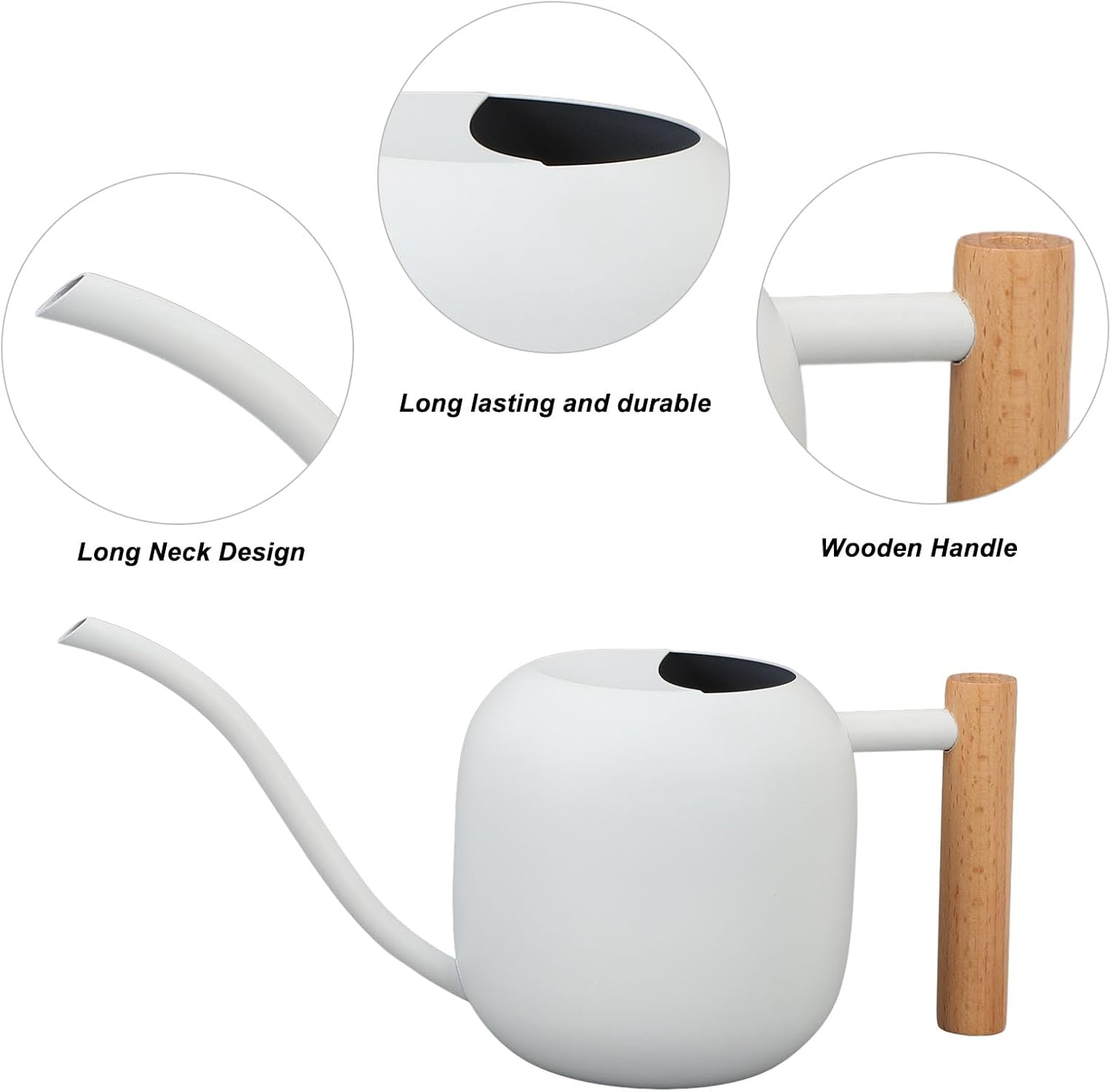 Watering Can for Indoor Plants, 1.2L Metal Stainless Steel Pot with Long Spout, Wooden Handle, Plant Watering Can for House Plants Bonsai Outdoor Garden Flower Decorative (White)