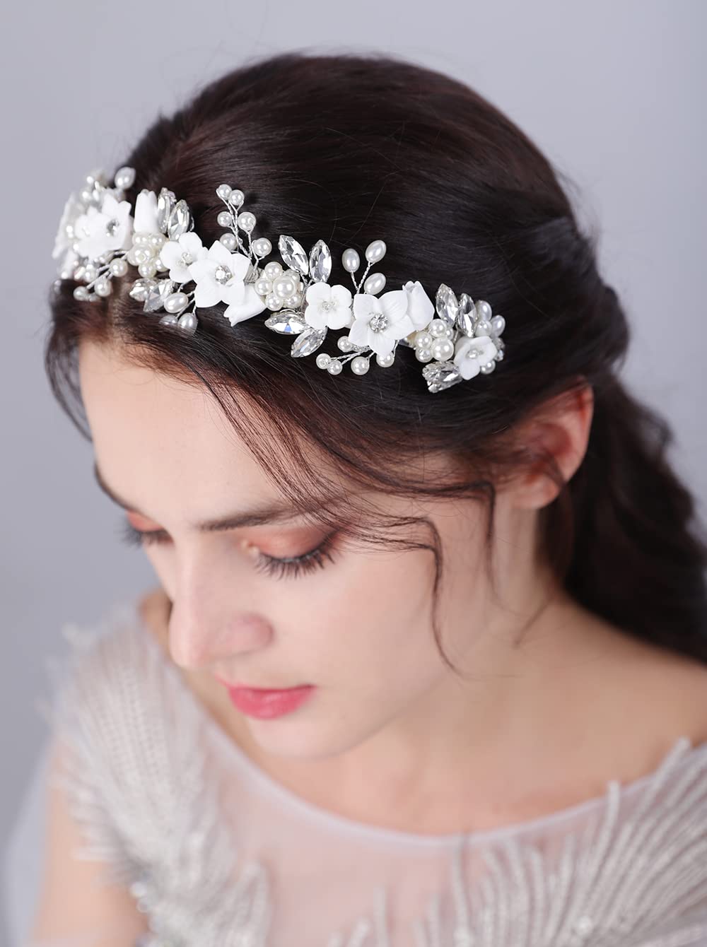 JWICOS Blumen-Braut-Stirnband, silberfarbenes Diadem für Braut, Kopfschmuck für Hochzeit, Haarschmuck für Braut, Abschlussball, Fotografie
