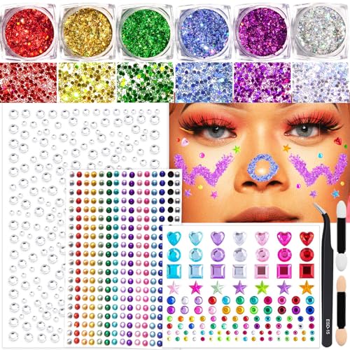 Face Glitter & Body Glitter Gel with Gems, 6 Colors