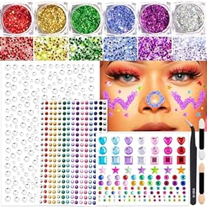 Face Glitter Body Glitter Makeup Glitter Gel with Face Gems Jewels Self Adhesive, 6 Colors Holographic Glitter Gel Hair Glitter with Stick On Gems Rhinestones for Face, Hair, Body for Festival Makeup
