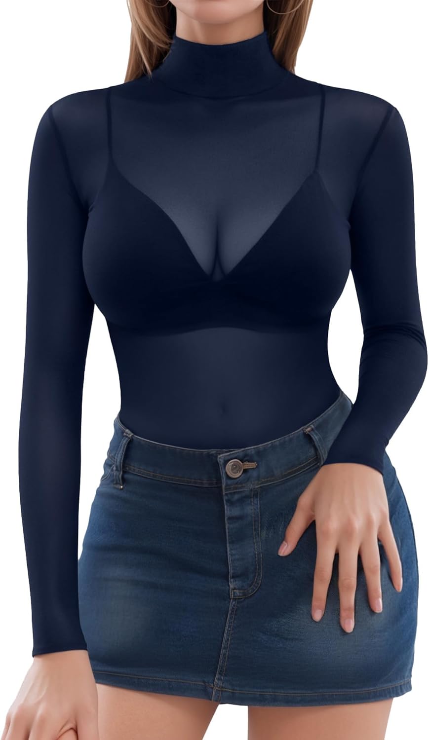 MANGOPOP Women's Mesh Top Long Sleeve See Through Mock Neck Blouse Sheer Sexy T Shirts Clubwear Bodycon