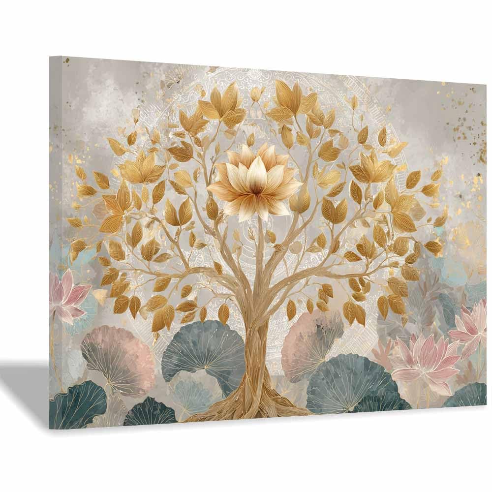 ZAMAEIU Tree of life wall decor Lotus-bearing trees On Canvas Prints Poster Pictures for Living Room Bedroom Home Office Wall Decoration(golden)-30x50cm Framed