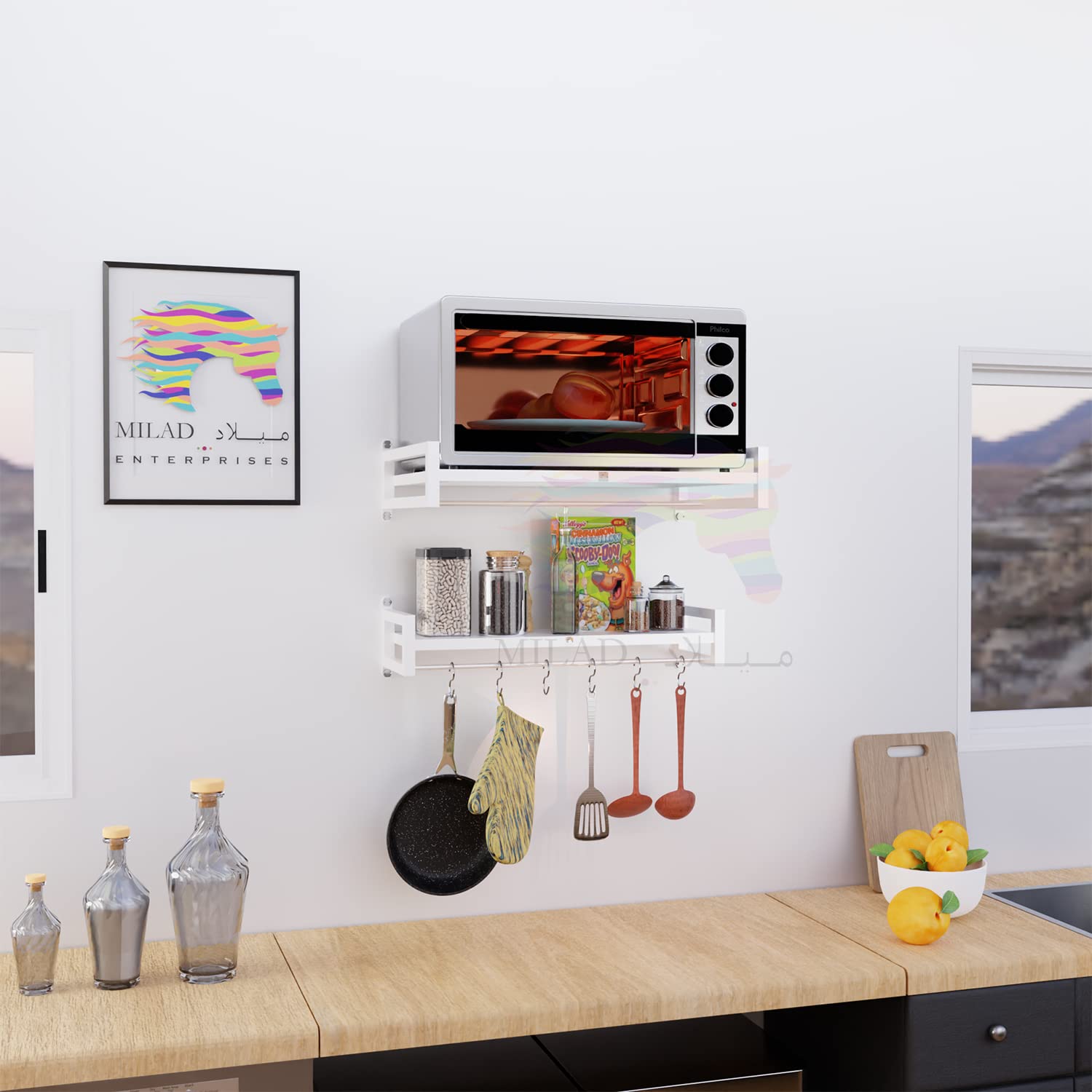 MILAD SAIFIX Metal Oven Stand Wall Mounted Microwave | Pot Rack | Oven | OTG | Grinder | Air Fryer Stand With 4 Hook Utensil | Organizer | Storage | Container (White) 2