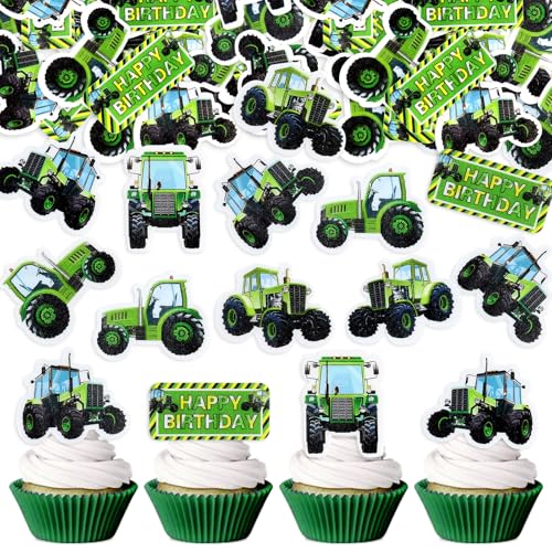 40PCS Edible Green Tractor Cupcake Toppers Edible Farm Tractors Cupcake Picks for Farm Tractor Birthday Party Cake Decoration Farmyard Baby Shower Boys Girls Birthday Decorations Supplies