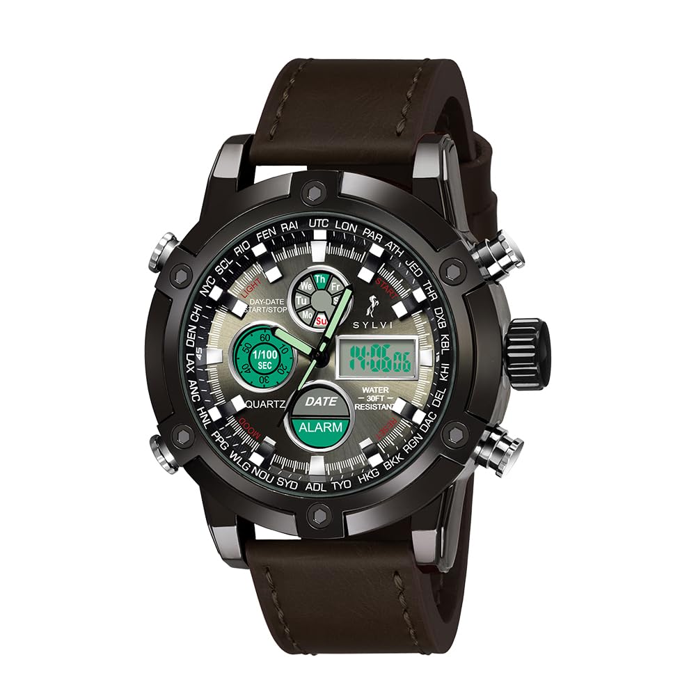 Sylvi Analog Digital Watch for Men | Luxury Black Dial & Adjustable Leather Strap | Multi-Functional Classic Watch | Light Weight Digital Watch | Wrist Watch for Men (Coffee, Round - SY3022) (B09FK823L6) Amazon Price History, Amazon Price Tracker