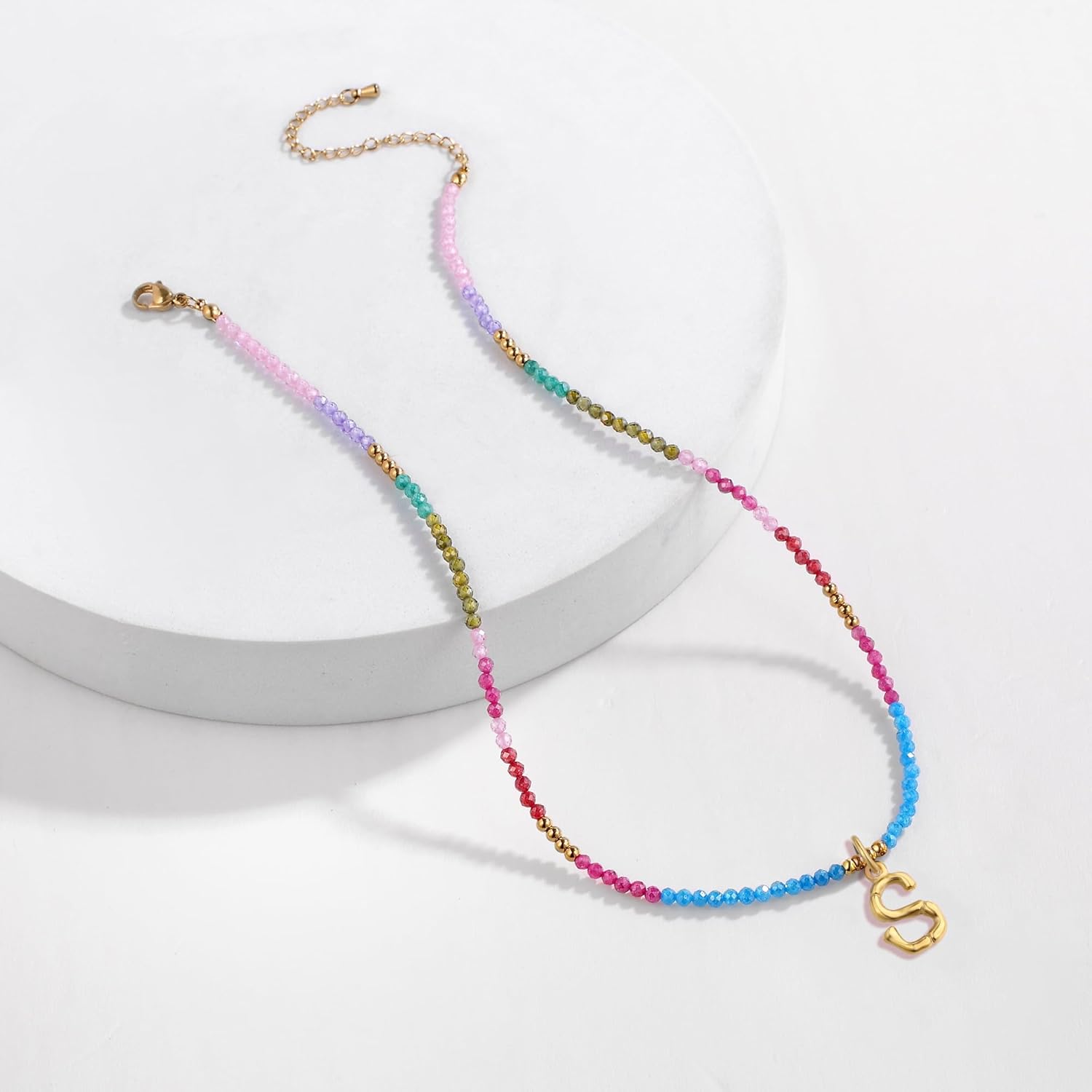 YOUFENG Beaded Initial Necklace for Women 14K Gold Plated Bamboo Letter Pendant Rainbow Gemstone Choker Colorful Summer Beach Handmade Jewelry Gift - Image 2