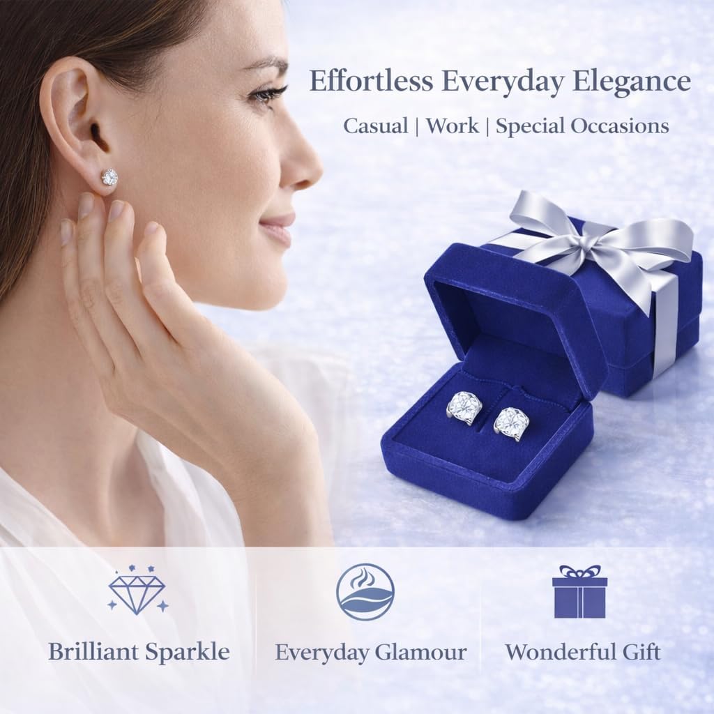 Moissanite Earrings for Women, D Color VVS1 Lab Created Round Cut Stud Earrings, 925 Sterling Silver with White Gold Plating, Hypoallergenic Push Back