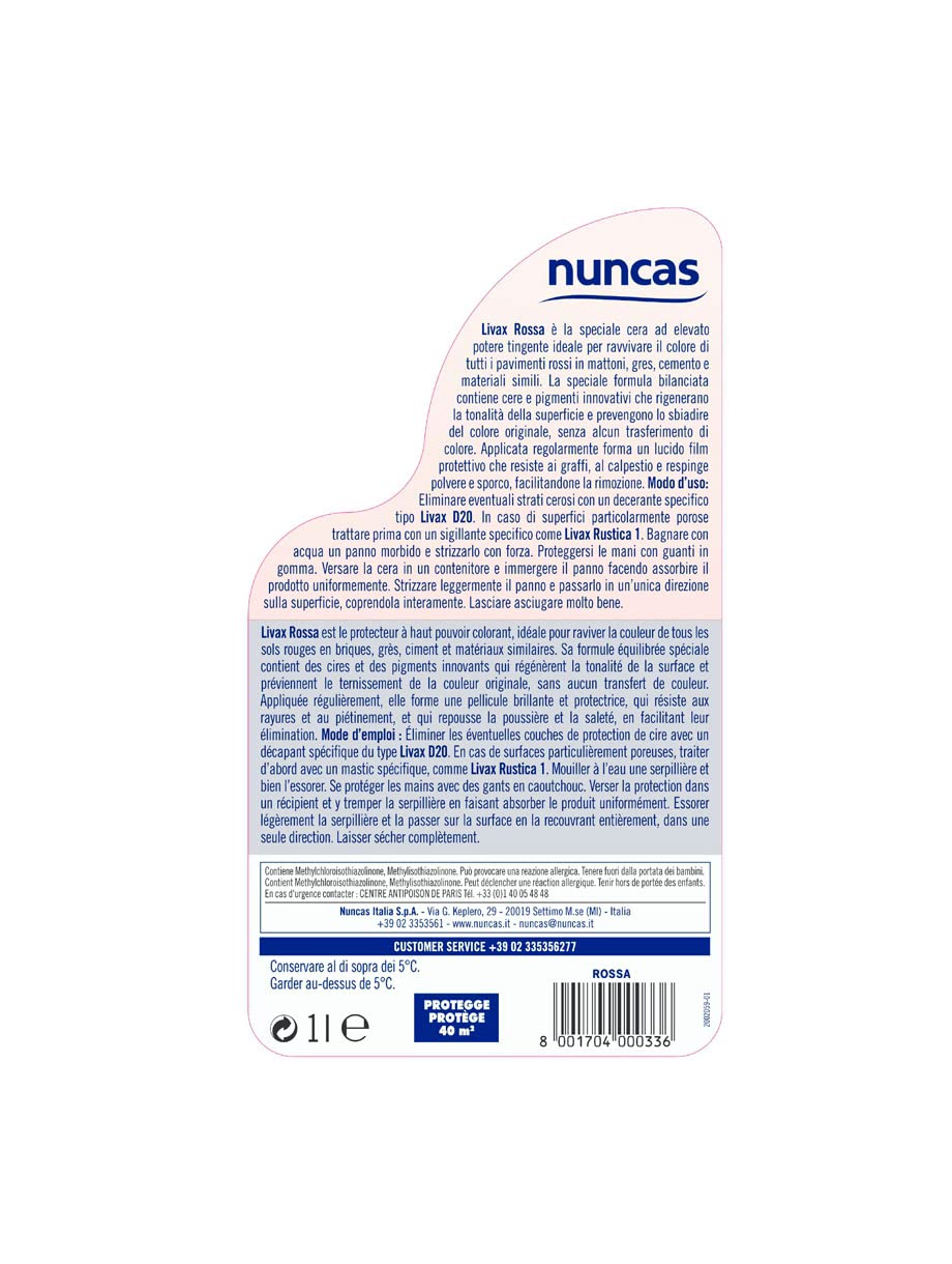 Nuncas Livax Cera Rossa - Pavimenti Rossi in Mattoni, Grès e Cemento - 1000ml